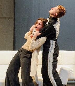 Robot Radius (Tyler Caffall) gets ugly with Helena (Christine Bullen) in the 2013 Resonance Ensemble off-Broadway production.